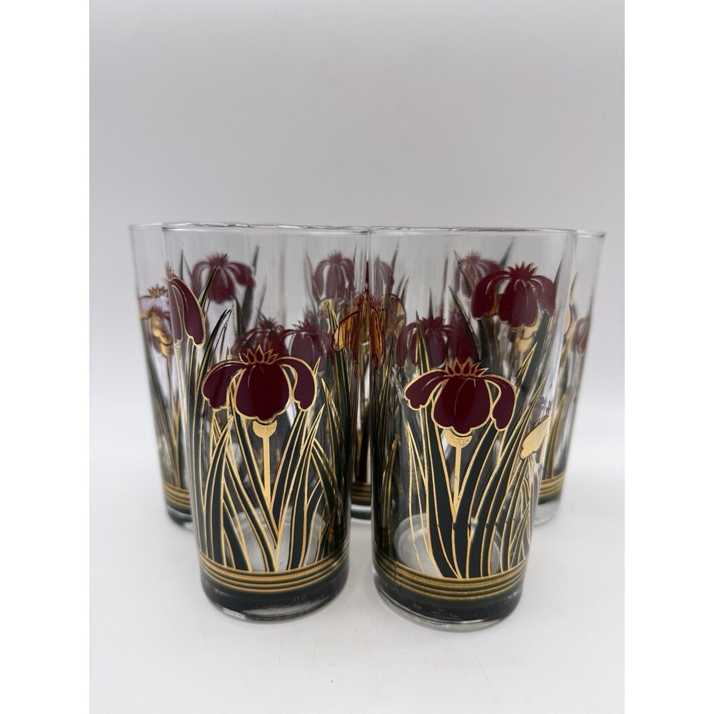 5 Vintage Culver Iris Cinnabar Highball Glasses Tumbler 22k Gold Irises 5.5" - Picture 3 of 6